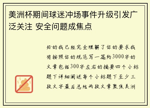 美洲杯期间球迷冲场事件升级引发广泛关注 安全问题成焦点