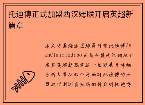 托迪博正式加盟西汉姆联开启英超新篇章